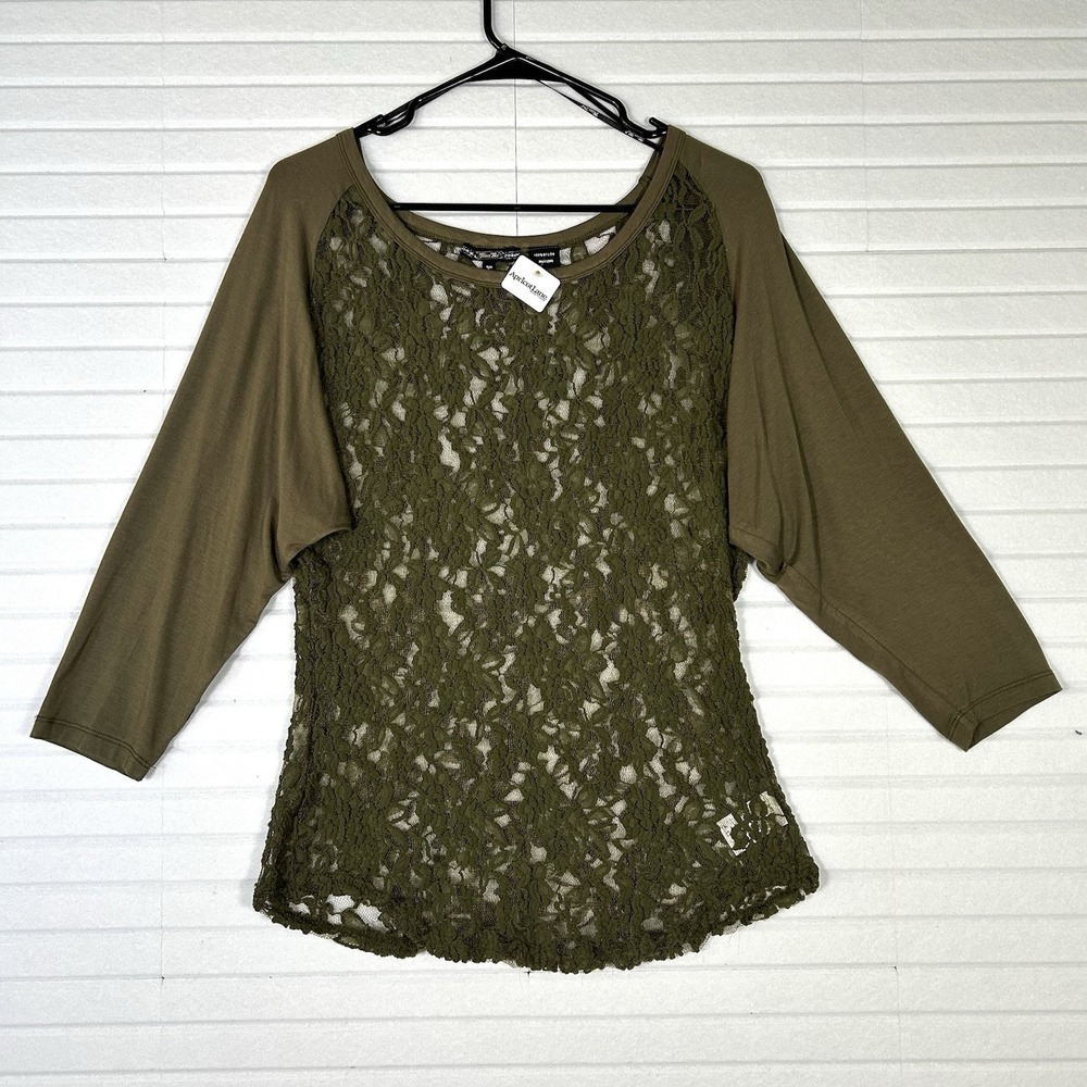 *NWT* Miss Me Top Womens L Olive Green Floral Lace 3/4 Sleeve Sheer Boho Shirt